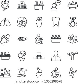 Thin Line Icon Set - dispatcher vector, disabled, pedestal, brainstorm, meeting, heart hand, stomach, lungs, real, tooth, eye, joint, hospital, virus, client, speaker, user, manager desk, company