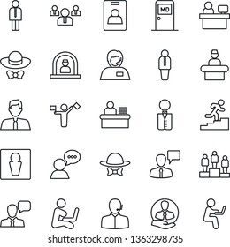 Thin Line Icon Set - dispatcher vector, male, reception, medical room, manager, speaking man, pedestal, team, place, support, client, speaker, identity card, desk, career ladder, estate agent