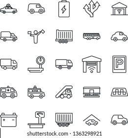 Thin Line Icon Set - dispatcher vector, taxi, airport bus, parking, alarm car, ladder, ambulance, route, truck trailer, delivery, heavy scales, railroad, garage, gate control, battery