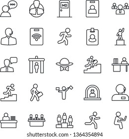 Thin Line Icon Set - dispatcher vector, security gate, reception, medical room, pedestal, team, run, client, speaker, identity card, support, manager desk, meeting, career ladder, dress code, pass