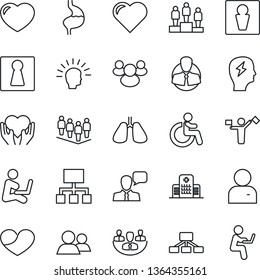 Thin Line Icon Set - dispatcher vector, male, female, disabled, pedestal, team, brainstorm, heart, hand, stomach, lungs, hospital, client, speaker, group, user, company, shining head, hierarchy