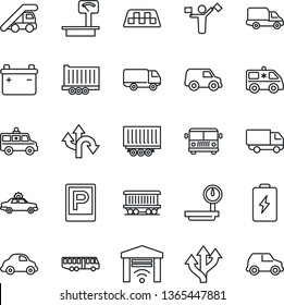 Thin Line Icon Set - dispatcher vector, taxi, airport bus, parking, alarm car, ladder, ambulance, route, railroad, truck trailer, delivery, heavy scales, garage gate control, battery