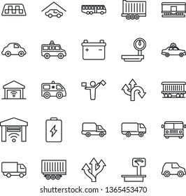 Thin Line Icon Set - dispatcher vector, taxi, airport bus, alarm car, ambulance, route, railroad, truck trailer, delivery, heavy scales, garage, gate control, battery