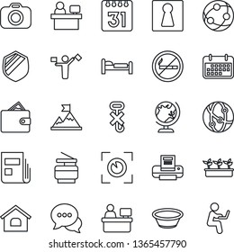 Thin Line Icon Set - dispatcher vector, no smoking, female, globe, bed, manager place, seedling, term, hook, shield, camera, network, dialog, calendar, news, printer, copier, house, bowl, eye scan