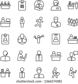 Thin Line Icon Set - dispatcher vector, passport control, manager, speaking man, team, place, run, doctor, support, client, identity card, desk, meeting, estate agent, waiter, pass, with notebook