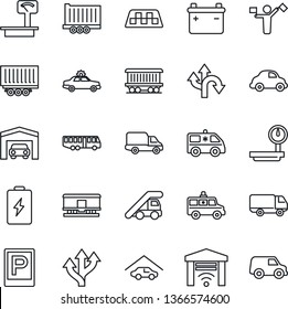 Thin Line Icon Set - dispatcher vector, taxi, airport bus, parking, alarm car, ladder, ambulance, route, railroad, truck trailer, delivery, heavy scales, garage, gate control, battery