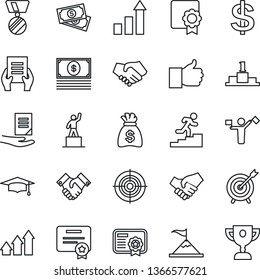 Thin Line Icon Set - dispatcher vector, growth statistic, dollar sign, pedestal, medal, graduate, money bag, document, cash, finger up, sertificate, target, handshake, career ladder, arrow graph