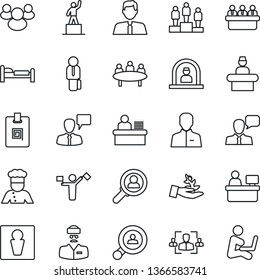 Thin Line Icon Set - dispatcher vector, male, reception, bed, speaking man, pedestal, meeting, manager place, doctor, speaker, group, user, identity card, hr, desk, client search, estate agent, cook