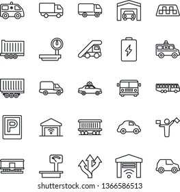 Thin Line Icon Set - dispatcher vector, taxi, airport bus, parking, alarm car, ladder, ambulance, route, railroad, truck trailer, delivery, heavy scales, garage, gate control, battery