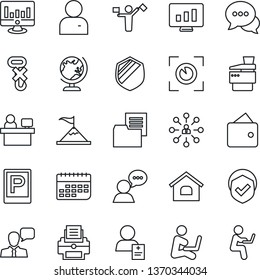 Thin Line Icon Set - dispatcher vector, parking, globe, hierarchy, manager place, statistic monitor, patient, term, folder document, no hook, shield, dialog, speaker, user, printer, copier, house