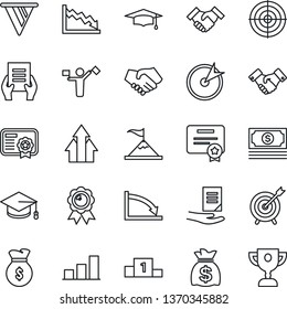 Thin Line Icon Set - dispatcher vector, handshake, medal, graduate, money bag, document, cash, bar graph, target, arrow up, motivation, pennon, crisis, certificate, pedestal, award cup