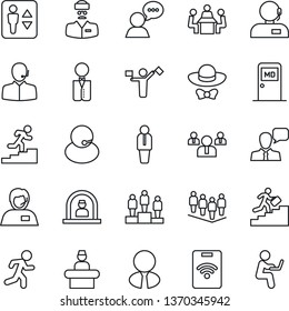 Thin Line Icon Set - dispatcher vector, elevator, reception, medical room, manager, pedestal, team, run, doctor, support, speaker, meeting, career ladder, estate agent, waiter, dress code, pass card