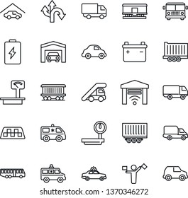 Thin Line Icon Set - dispatcher vector, taxi, airport bus, alarm car, ladder, ambulance, route, railroad, truck trailer, delivery, heavy scales, garage, gate control, battery