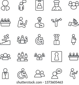 Thin Line Icon Set - dispatcher vector, female, disabled, speaking man, pedestal, team, meeting, doctor, pregnancy, speaker, group, identity card, career ladder, estate agent, waiter, cook