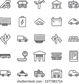 Thin Line Icon Set - dispatcher vector, taxi, airport bus, parking, alarm car, ladder, ambulance, route, railroad, truck trailer, delivery, heavy scales, garage, gate control, battery