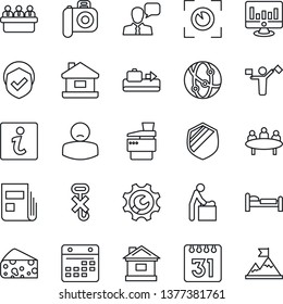 Thin Line Icon Set - dispatcher vector, baggage conveyor, baby room, bed, meeting, statistic monitor, house, patient, no hook, shield, camera, network, speaker, calendar, root setup, news, copier
