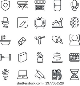 Thin Line Icon Set - dispatcher vector, office binder, notebook pc, heart diagnostic, shield, traffic light, tv, microphone, notes, face id, chair, blank box, point graph, bedroom, bathroom, alcove