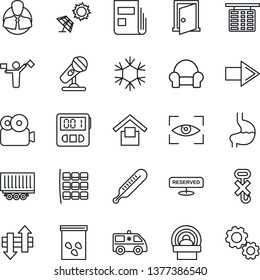 Thin Line Icon Set - dispatcher vector, right arrow, seat map, flight table, seeds, thermometer, tomography, ambulance car, stomach, client, truck trailer, warehouse storage, no hook, microphone