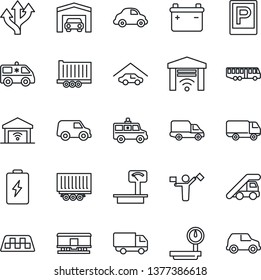 Thin Line Icon Set - dispatcher vector, taxi, airport bus, parking, ladder car, ambulance, route, truck trailer, delivery, heavy scales, railroad, garage, gate control, battery
