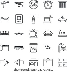 Thin Line Icon Set - dispatcher vector, antenna, arrival, suitcase, airport bus, barrier, 24 around, escalator, alarm clock, trash bin, tv, waiting area, car, wireless notebook, passport, shop, bed