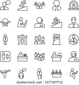 Thin Line Icon Set - dispatcher vector, security gate, elevator, reception, medical room, manager, speaking man, pedestal, team, place, support, client, speaker, desk, meeting, career ladder