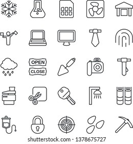 Thin Line Icon Set - dispatcher vector, book, tie, trowel, rain, seeds, dropper, warehouse, camera, monitor, sim, cut, lock, fingerprint id, target, notebook pc, copier, key, open close, fan, flask