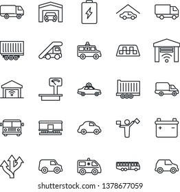 Thin Line Icon Set - dispatcher vector, taxi, airport bus, alarm car, ladder, ambulance, route, truck trailer, delivery, heavy scales, railroad, garage, gate control, battery