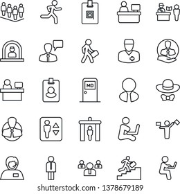 Thin Line Icon Set - dispatcher vector, passport control, security gate, elevator, reception, medical room, manager, speaking man, team, place, run, doctor, support, client, identity card, pass