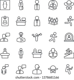 Thin Line Icon Set - dispatcher vector, male, reception, manager, speaking man, team, place, run, doctor, client, speaker, support, career ladder, waiter, dress code, pass card, with notebook
