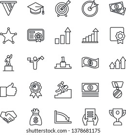 Thin Line Icon Set - dispatcher vector, growth statistic, pedestal, medal, graduate, money bag, document, cash, finger up, sertificate, career ladder, police, target, arrow graph, handshake, pennon
