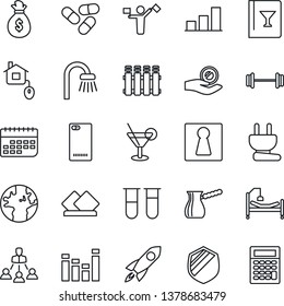 Thin Line Icon Set - Dispatcher Vector, Female, Blood Test Vial, Pills, Barbell, Hospital Bed, Earth, Term, Shield, Equalizer, Phone Back, Bar Graph, Hierarchy, Bathroom, Wine Card, Cocktail, Rocket