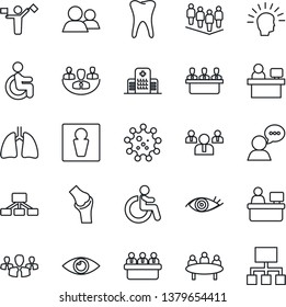 Thin Line Icon Set - dispatcher vector, male, disabled, team, meeting, manager place, lungs, tooth, eye, joint, hospital, virus, speaker, group, company, shining head, hierarchy