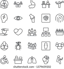 Thin Line Icon Set - dispatcher vector, male, disabled, pedestal, team, brainstorm, meeting, manager place, heart hand, stomach, lungs, real, eye, joint, virus, client, group, fingerprint id, desk