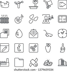 Thin Line Icon Set - dispatcher vector, lawn mower, water drop, seeds, real heart, satellite, cargo, heavy scales, mail, fast forward, themes, clock, folder, notes, cut, music, document, hr, pond