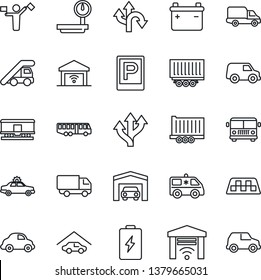 Thin Line Icon Set - dispatcher vector, taxi, airport bus, parking, alarm car, ladder, ambulance, route, truck trailer, delivery, heavy scales, railroad, garage, gate control, battery