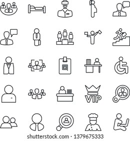 Thin Line Icon Set - dispatcher vector, vip, bed, speaking man, pedestal, disabled, doctor, pregnancy, speaker, group, user, company, identity card, hr, manager desk, career ladder, client search