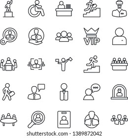 Thin Line Icon Set - dispatcher vector, vip, disabled, reception, speaking man, pedestal, meeting, doctor, client, speaker, user, identity card, hr, manager desk, career ladder, waiter, group