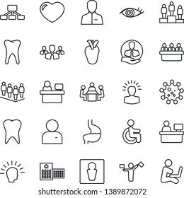 Thin Line Icon Set - dispatcher vector, male, pedestal, team, meeting, manager place, disabled, stomach, real heart, tooth, eye, hospital, virus, client, user, group, shining head, hierarchy