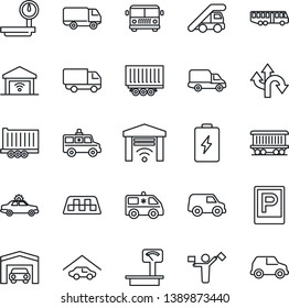 Thin Line Icon Set - dispatcher vector, taxi, airport bus, parking, alarm car, ladder, ambulance, route, railroad, truck trailer, delivery, heavy scales, garage, gate control, battery