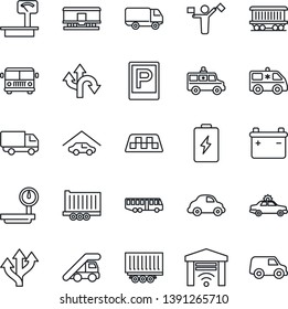 Thin Line Icon Set - dispatcher vector, taxi, airport bus, parking, alarm car, ladder, ambulance, route, railroad, truck trailer, delivery, heavy scales, garage, gate control, battery