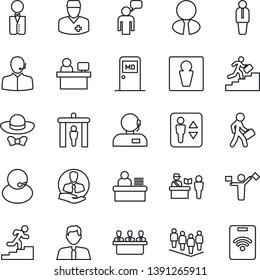 Thin Line Icon Set - dispatcher vector, passport control, security gate, elevator, male, medical room, manager, speaking man, team, place, doctor, support, client, desk, meeting, career ladder