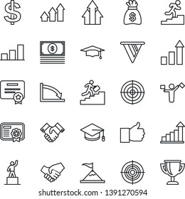 Thin Line Icon Set - dispatcher vector, growth statistic, dollar sign, pedestal, graduate, money bag, finger up, bar graph, target, handshake, career ladder, arrow, motivation, pennon, crisis, cash