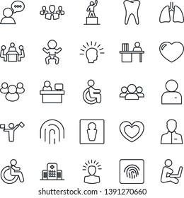 Thin Line Icon Set - dispatcher vector, male, baby, disabled, pedestal, manager place, heart, lungs, tooth, hospital, speaker, group, user, fingerprint id, desk, meeting, shining head