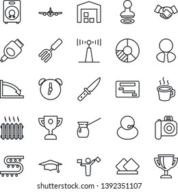 Thin Line Icon Set - dispatcher vector, stamp, plane, handshake, graduate, circle chart, garden fork, drip irrigation, support, camera, antenna, speaker, hdmi, alarm, coffee, warehouse, estate agent