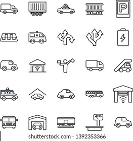 Thin Line Icon Set - dispatcher vector, taxi, airport bus, parking, alarm car, ladder, ambulance, route, railroad, truck trailer, delivery, heavy scales, garage, gate control, battery