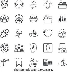 Thin Line Icon Set - Dispatcher Vector, Male, Pedestal, Brainstorm, Meeting, Manager Place, Heart Hand, Stomach, Tooth, Joint, Hospital, Virus, Client, Desk, Palm Sproute, Shining Head, Hierarchy