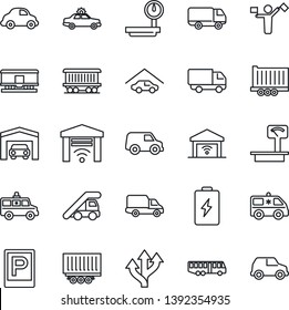 Thin Line Icon Set - dispatcher vector, airport bus, parking, alarm car, ladder, ambulance, route, railroad, truck trailer, delivery, heavy scales, garage, gate control, battery
