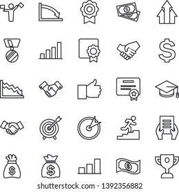Thin Line Icon Set - dispatcher vector, handshake, dollar sign, medal, graduate, money bag, document, cash, finger up, sertificate, bar graph, career ladder, target, arrow, crisis, certificate