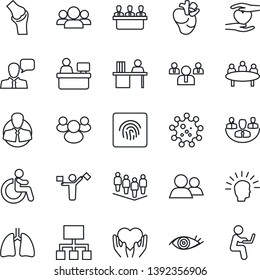 Thin Line Icon Set - dispatcher vector, disabled, team, meeting, manager place, heart hand, lungs, real, eye, joint, virus, client, speaker, group, fingerprint id, company, desk, shining head