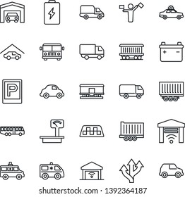 Thin Line Icon Set - dispatcher vector, taxi, airport bus, parking, alarm car, ambulance, route, railroad, truck trailer, delivery, heavy scales, garage, gate control, battery